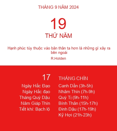 Lịch âm 19 tháng 9 năm 2024 - Lịch vạn niên ngày 19/9/2024 - Lịch ngày ...