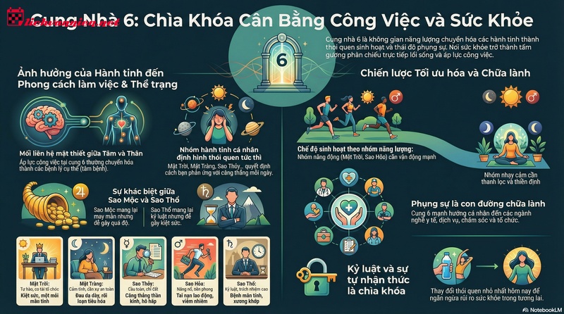 Giải m&atilde; c&aacute;c h&agrave;nh tinh tại Cung nh&agrave; 6: C&ocirc;ng việc, Sức khỏe v&agrave; Sự phụng sự